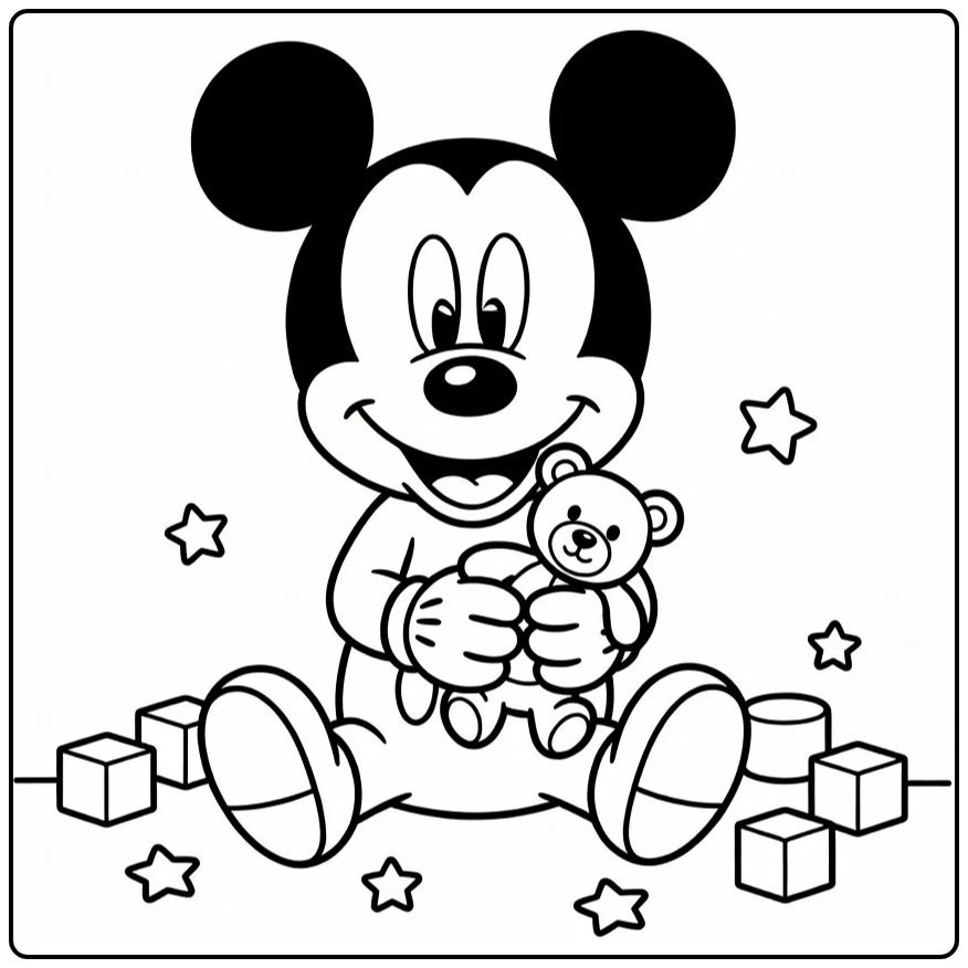 Kleurplaat Mickey Mouse baby met teddybeer, sterren, blokken