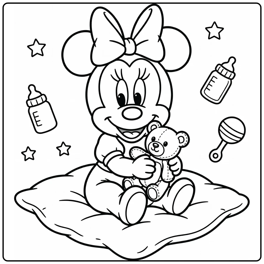 Kleurplaat minnie mouse baby met teddybeer op deken