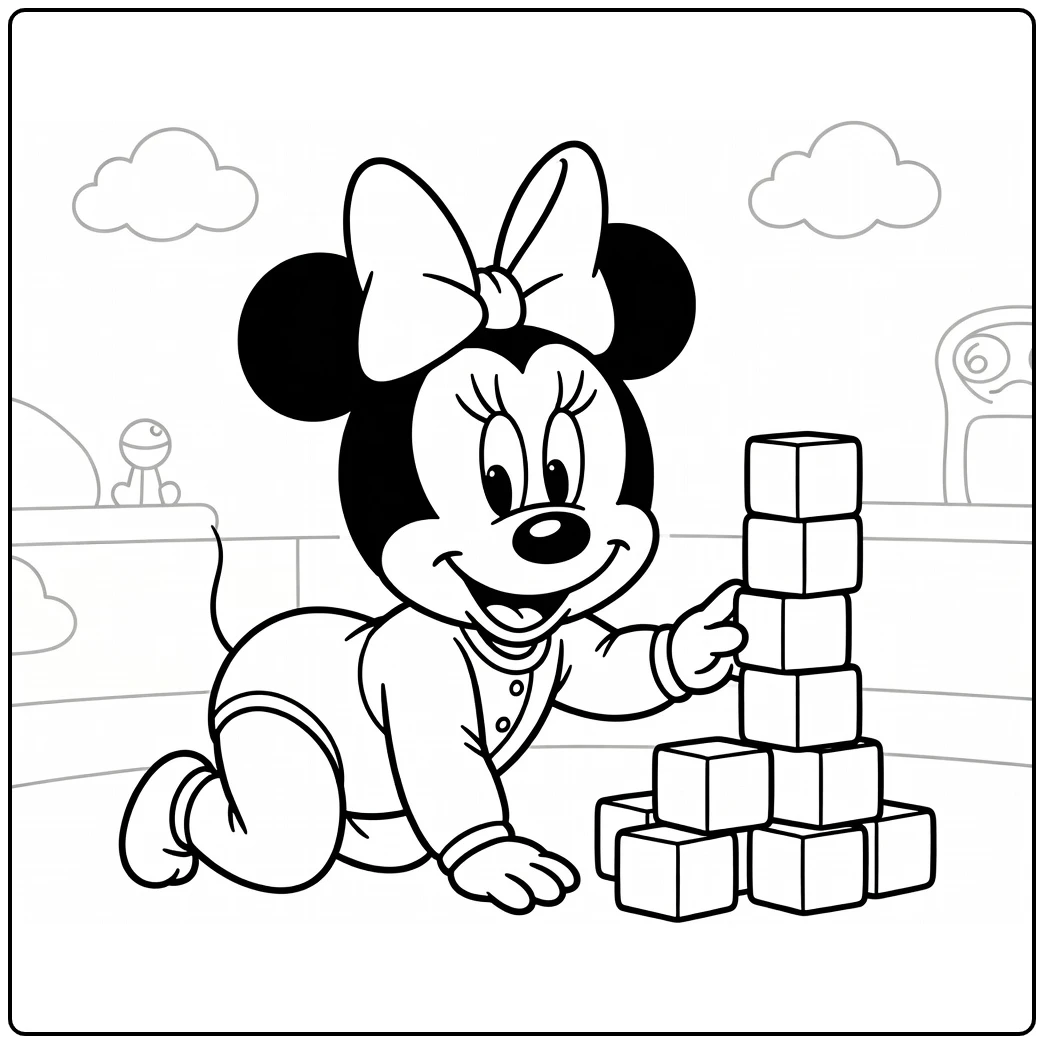 kleurplaat minnie mouse baby kruipend bij blokkentoren