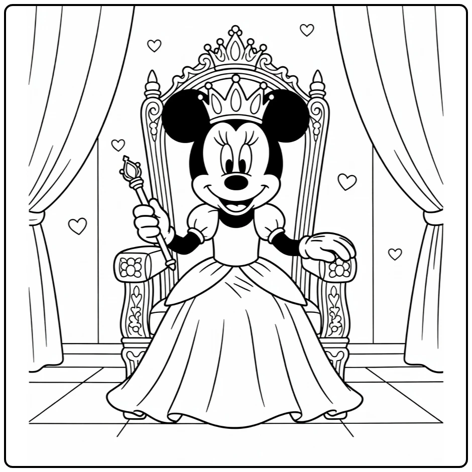 kleurplaat minnie mouse prinses op troon met kroon scepter