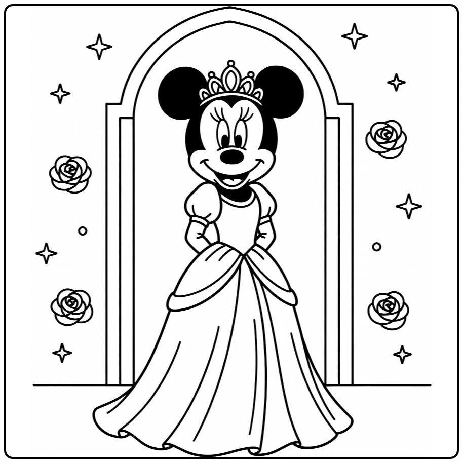 kleurplaat minnie mouse prinses in elegante jurk met tiara bij kasteel