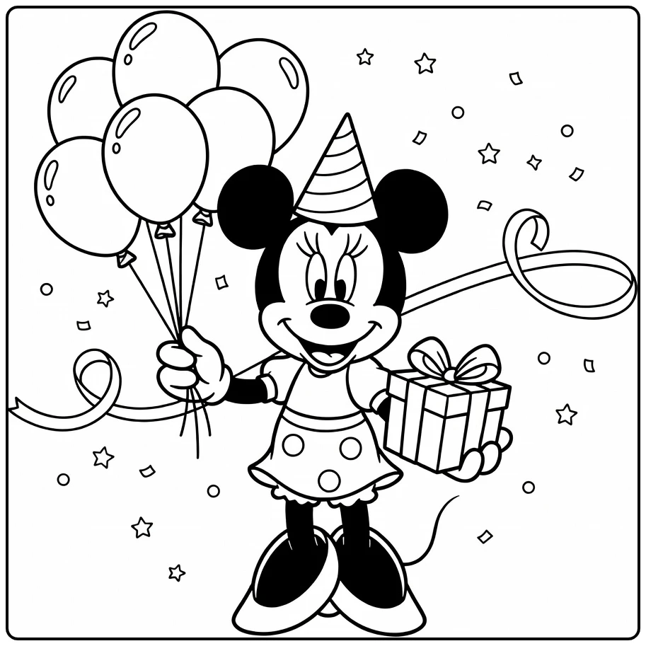 kleurplaat minnie mouse verjaardag met ballonnen en cadeau