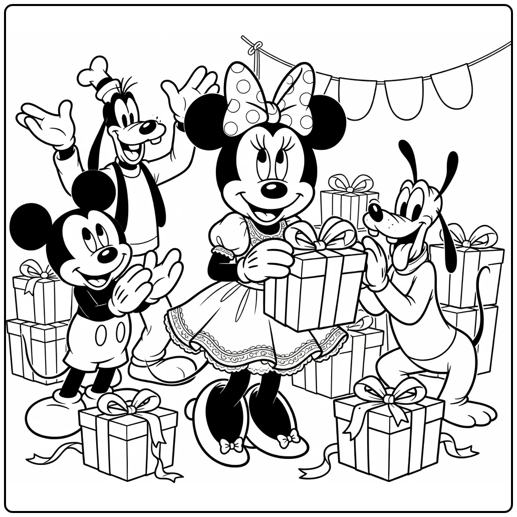 kleurplaat minnie mouse verjaardag met mickey goofy pluto