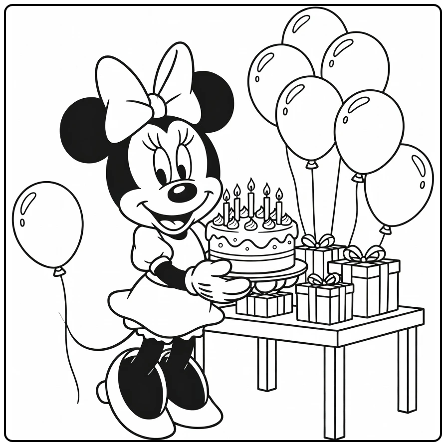 kleurplaat minnie mouse verjaardag met taart kaarsjes