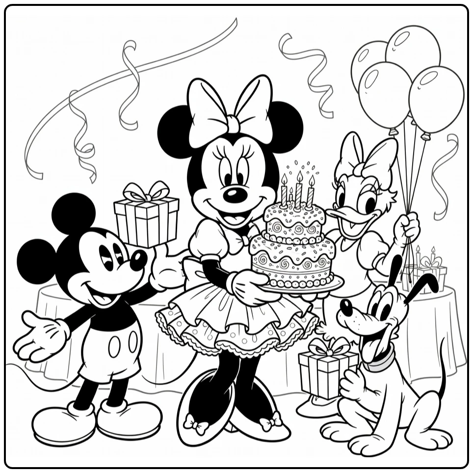 kleurplaat minnie mouse verjaardag met taart, Mickey en Pluto