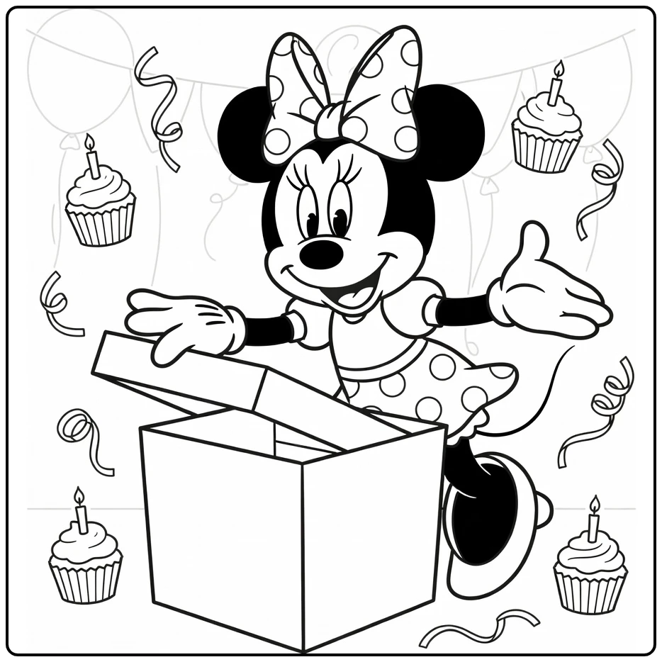 kleurplaat minnie mouse verjaardag: cadeau openen met cupcakes
