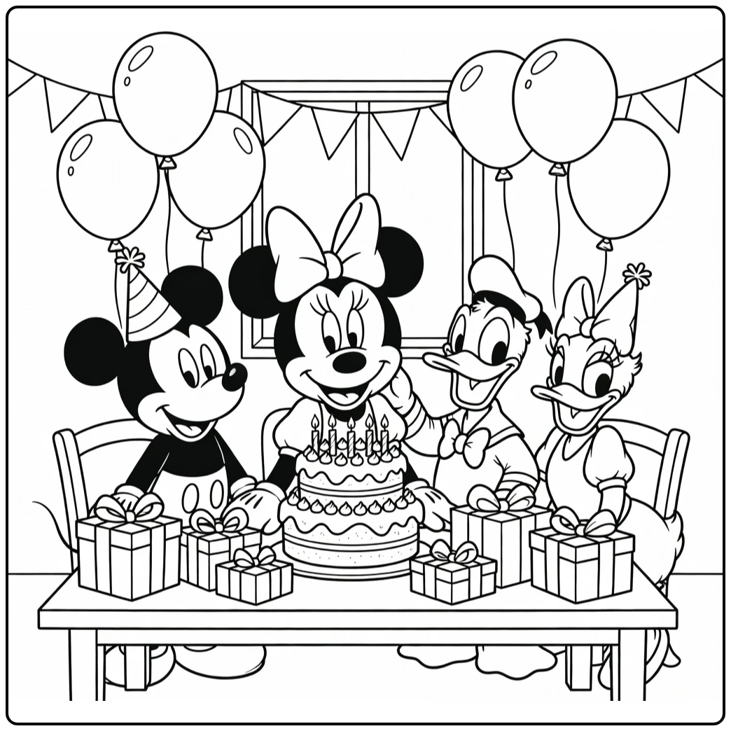 kleurplaat minnie mouse verjaardag met taart en vrienden