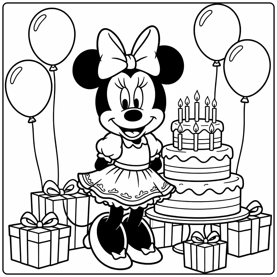 Kleurplaat Minnie Mouse verjaardag met taart, kaarsen, ballonnen