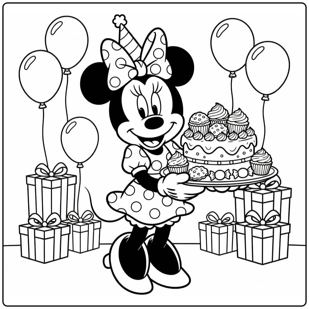Kleurplaat Minnie Mouse verjaardag met taart, traktaties en ballonnen