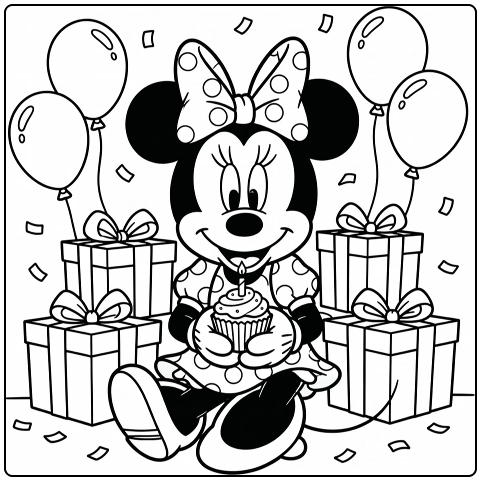 kleurplaat minnie mouse verjaardag met cadeaus en cupcake