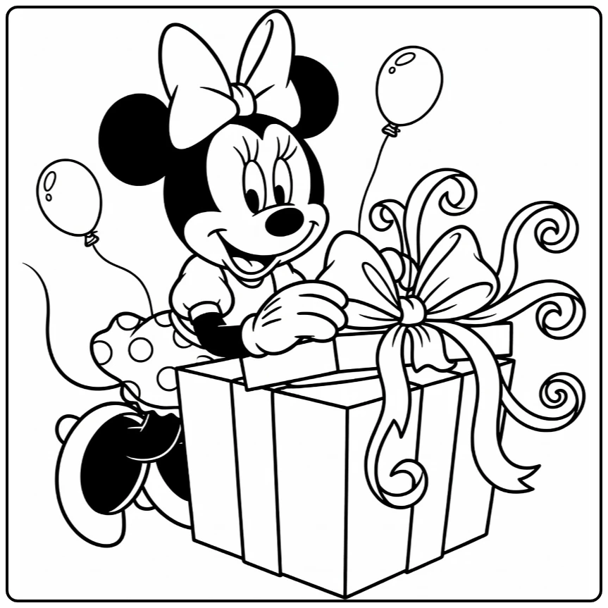 kleurplaat minnie mouse verjaardag: Minnie opent groot cadeau