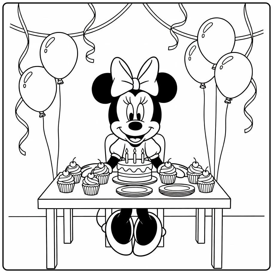 Kleurplaat Minnie Mouse verjaardag met cupcakes en taart