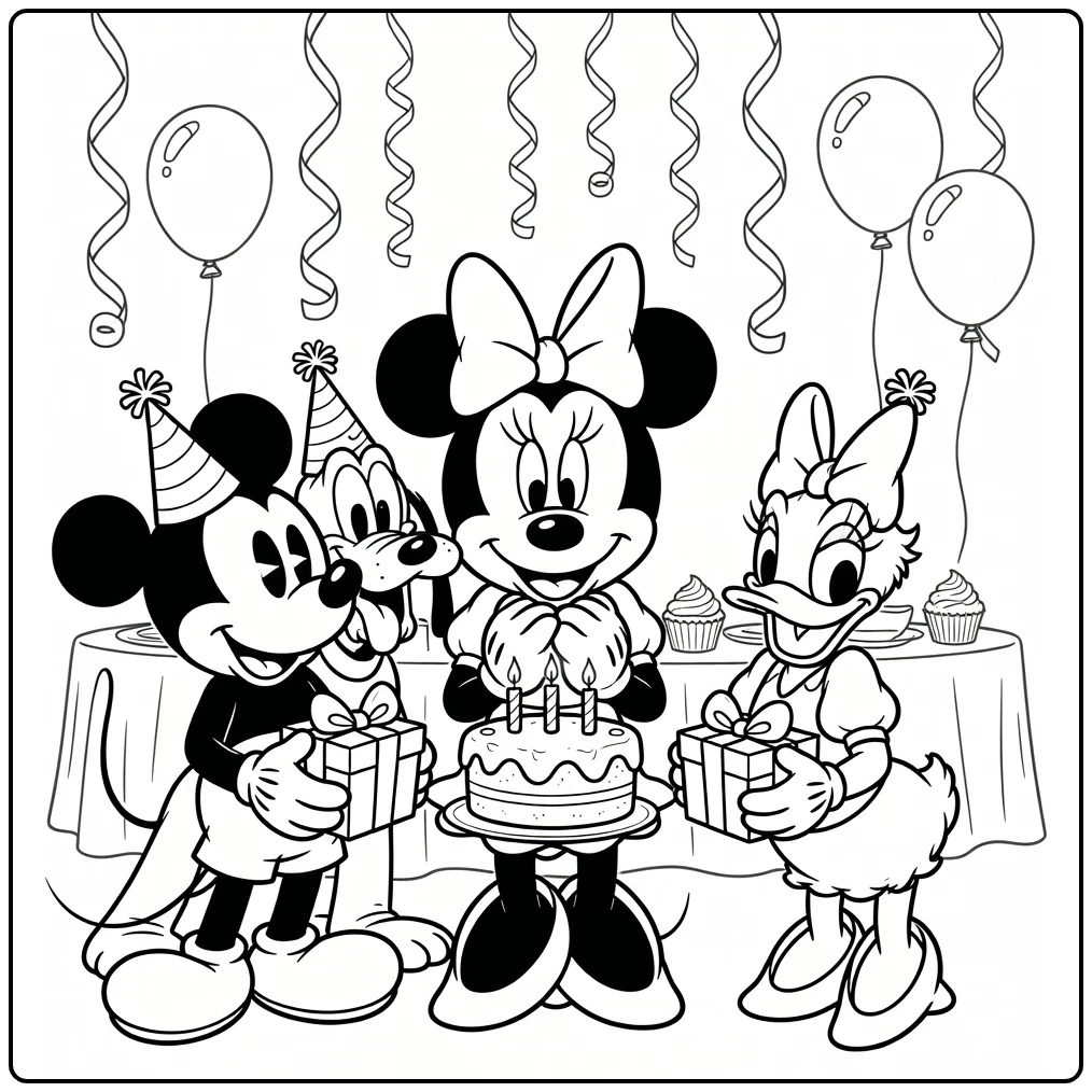 kleurplaat minnie mouse verjaardag met Mickey Pluto Daisy