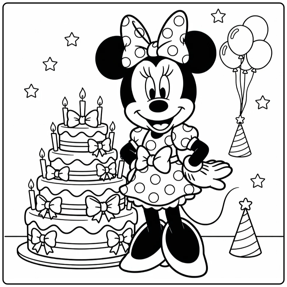 Kleurplaat Minnie Mouse verjaardag met taart en ballonnen