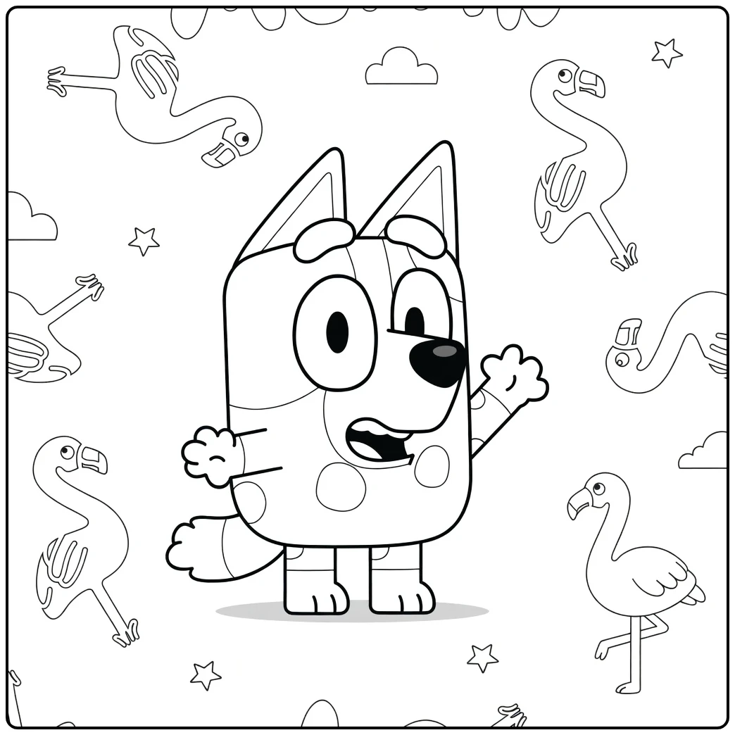 kleurplaat muffin bluey zwaait met flamingo's en wolken