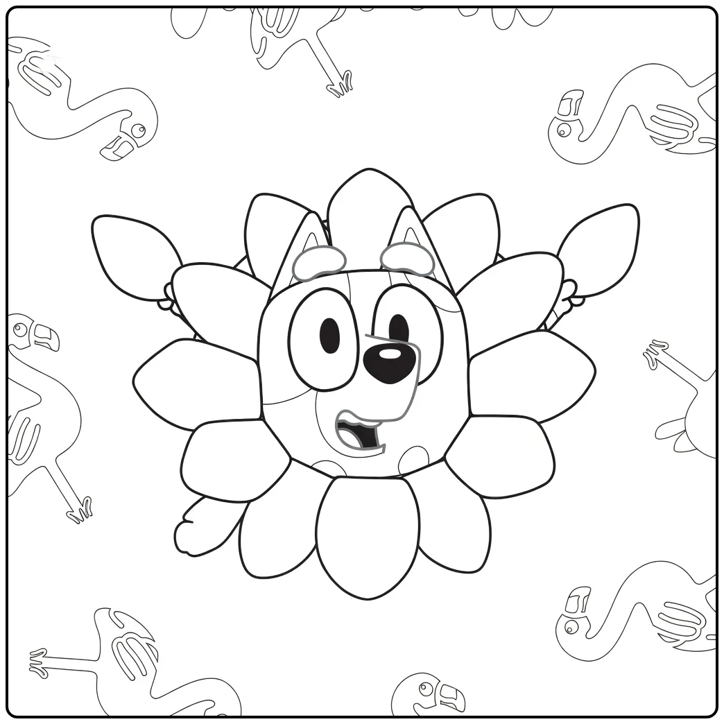 kleurplaat muffin bluey als bloem met flamingo's