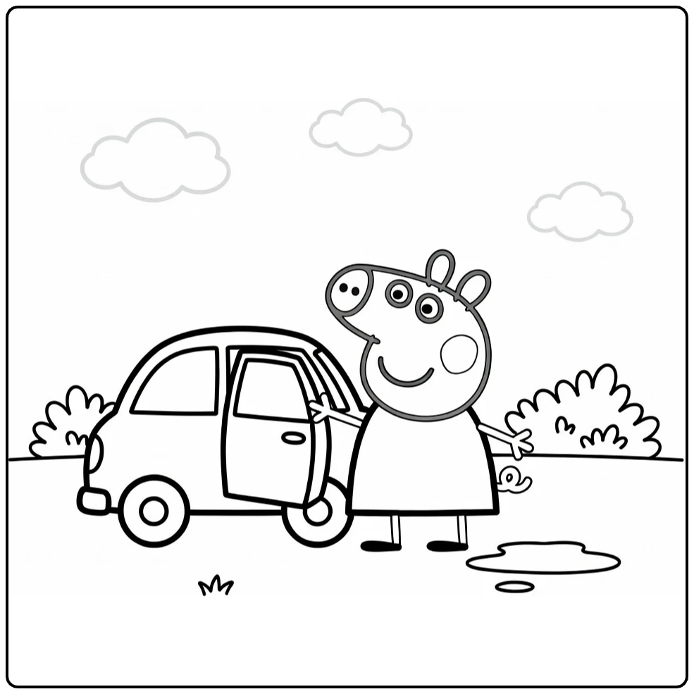 kleurplaat peppa pig auto: Peppa lachend naast open deur, plas