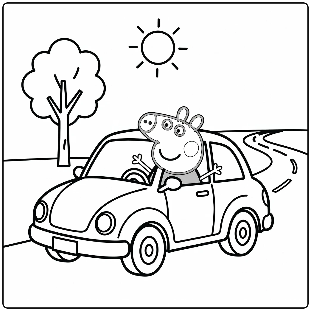 kleurplaat peppa pig auto: Peppa zwaait vrolijk uit passagiersstoel met boom, weg, zon
