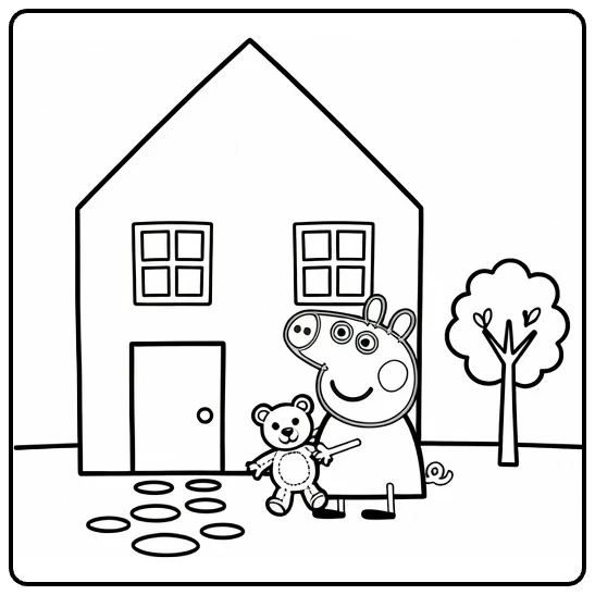 kleurplaat peppa pig huis: Peppa bij voordeur met speelgoed