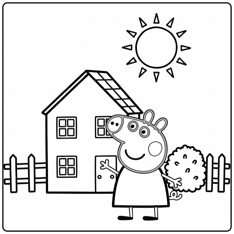 Kleurplaat peppa pig huis: Peppa zwaait vrolijk met hek, struik, zon