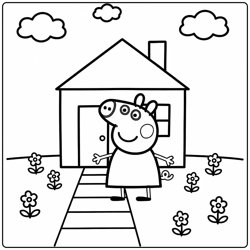 kleurplaat peppa pig huis met blije Peppa, bloemen en wolken
