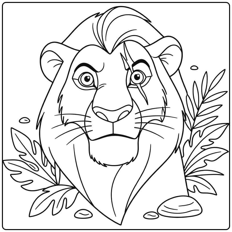 Kleurplaat Scar: portret met litteken oog en junglebladeren