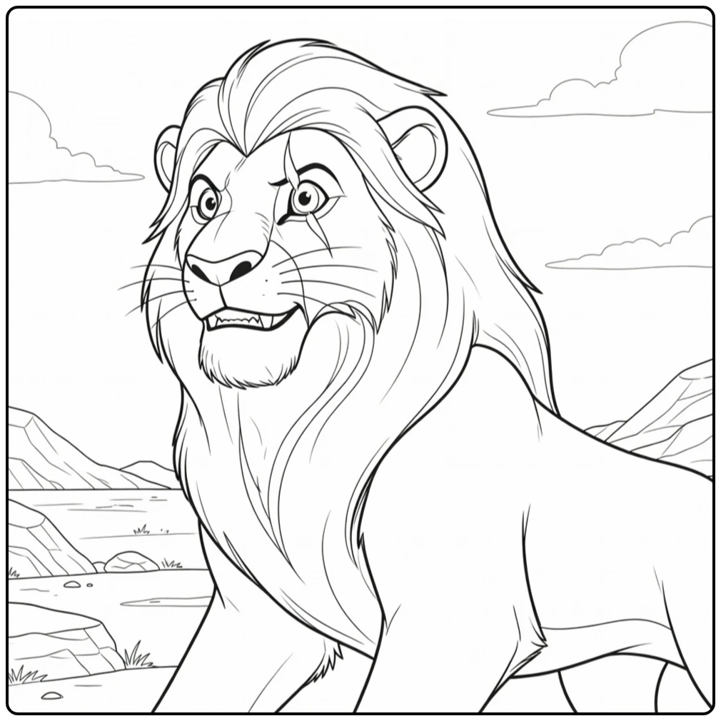 Kleurplaat Scar over schouder met sluwe blik en litteken