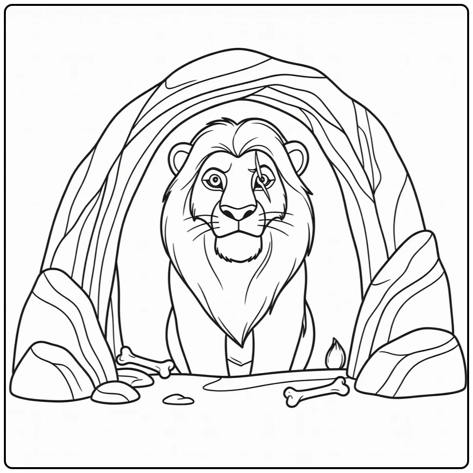 Kleurplaat Scar bij grot-ingang, litteken over oog