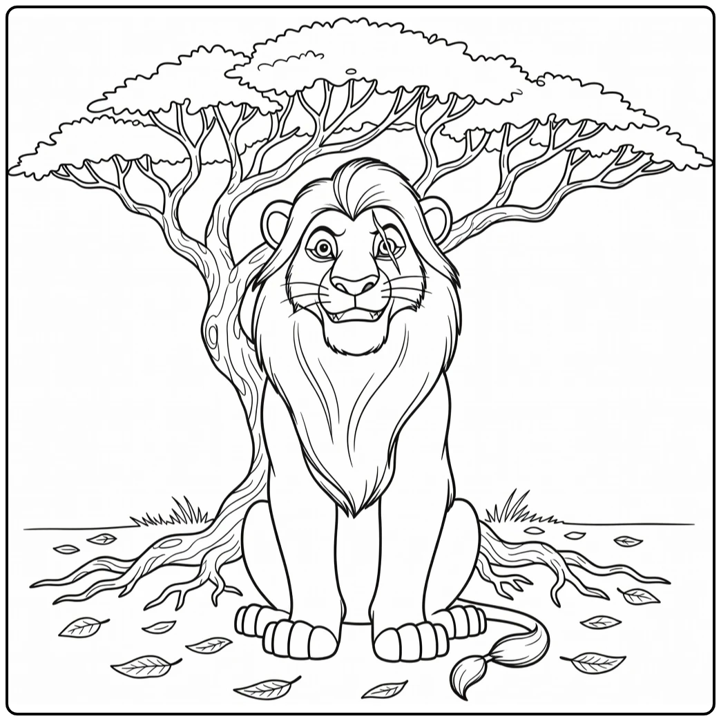 Kleurplaat Scar onder verwrongen boom met sluwe grijns