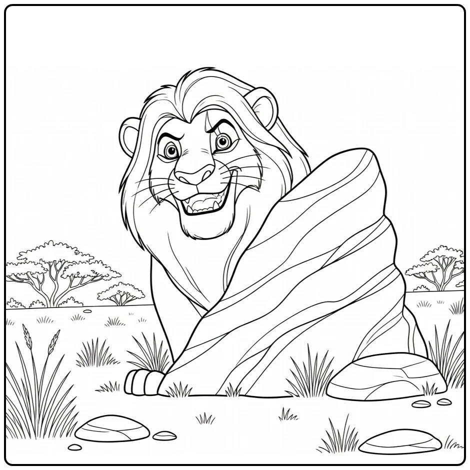 Kleurplaat Scar gluurt grijnzend achter rots, littekenoog zichtbaar