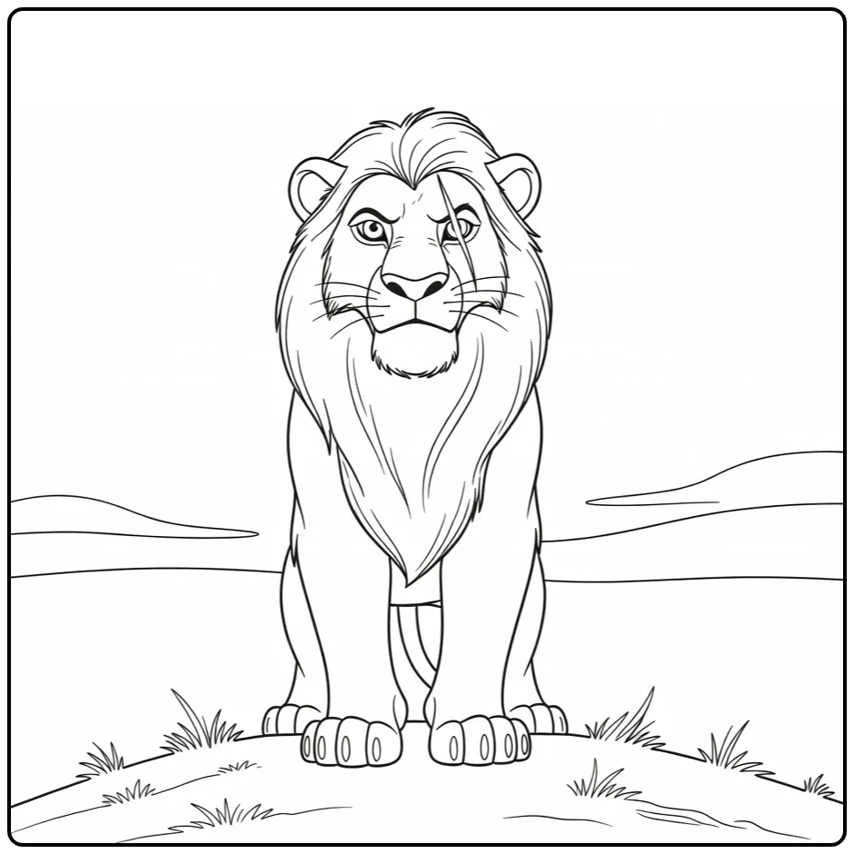 Kleurplaat Scar op heuvel bij zonsondergang, dramatisch