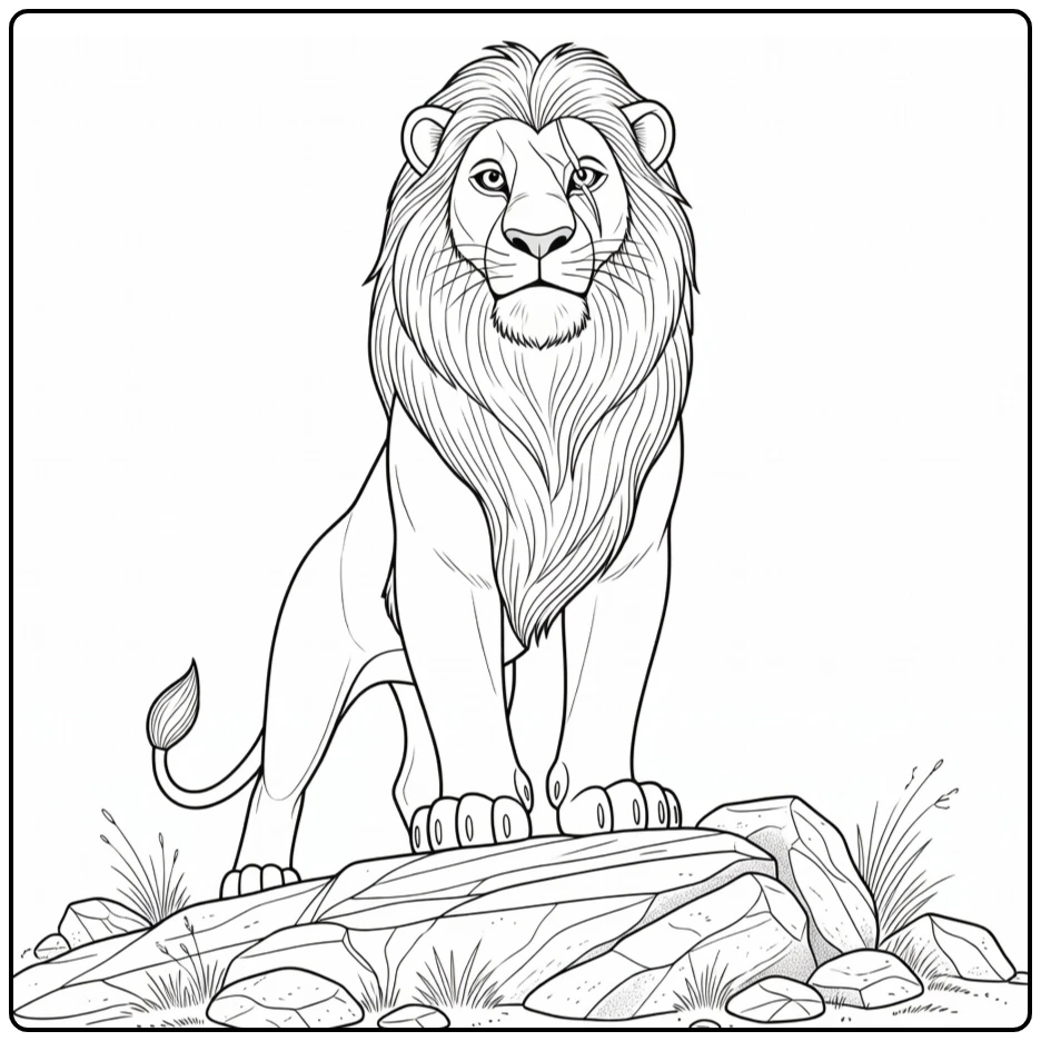 Kleurplaat Scar trots op rotsrichel, litteken zichtbaar, strenge blik