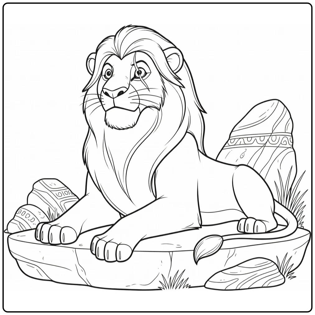 Kleurplaat Scar in regale pose op stenen platform met poot vooruit.