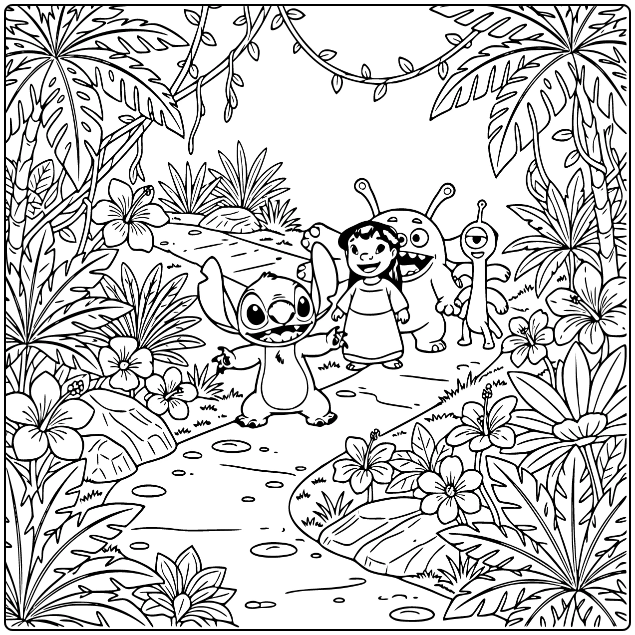 kleurplaat stitch moeilijk: Stitch verkent tropisch junglepad
