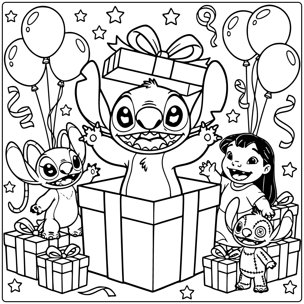 Kleurplaat Stitch moeilijk: Stitch opent groot cadeau opgewonden