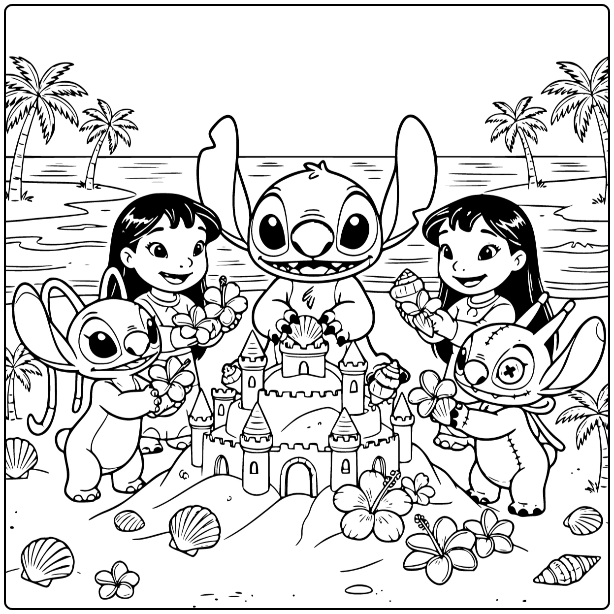 Kleurplaat stitch moeilijk: Stitch bouwt tropisch zandkasteel