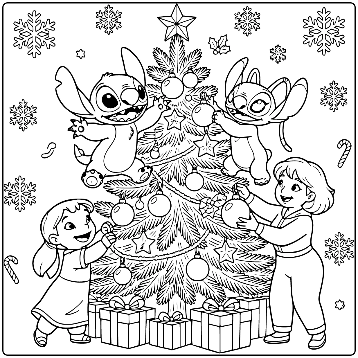 kleurplaat stitch moeilijk: Stitch versiert kerstboom