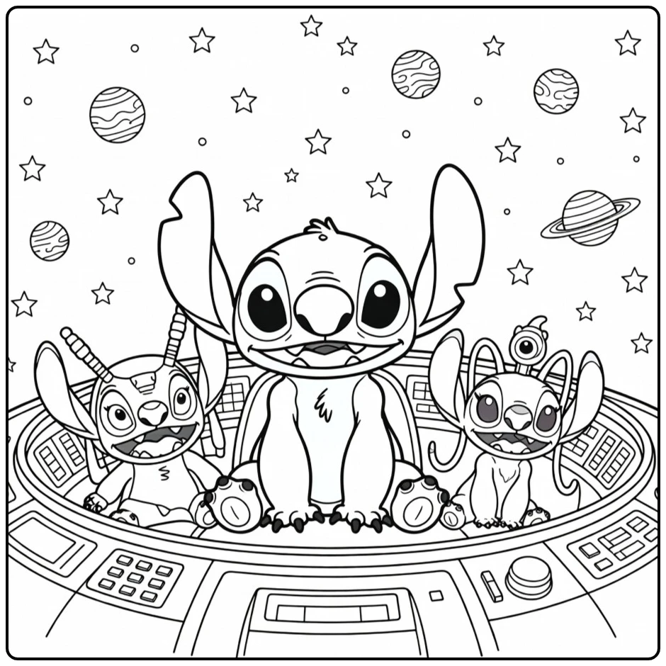Kleurplaat stitch moeilijk: Stitch trots in ruimteschip cockpit