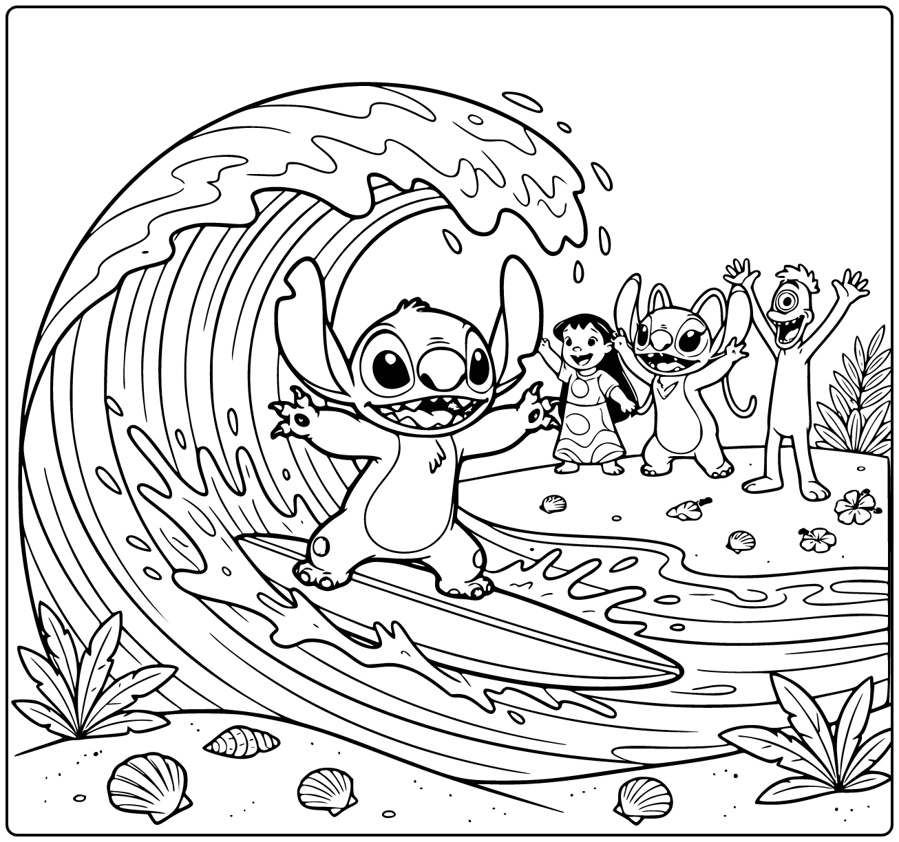 kleurplaat stitch moeilijk: surfend op krullende golf