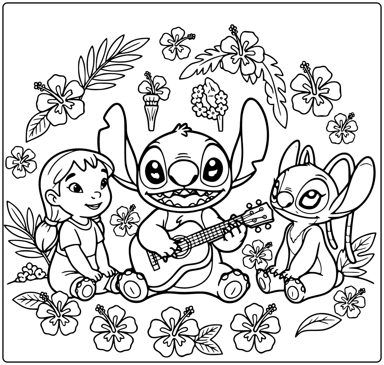 kleurplaat stitch moeilijk: Stitch speelt ukulele blij