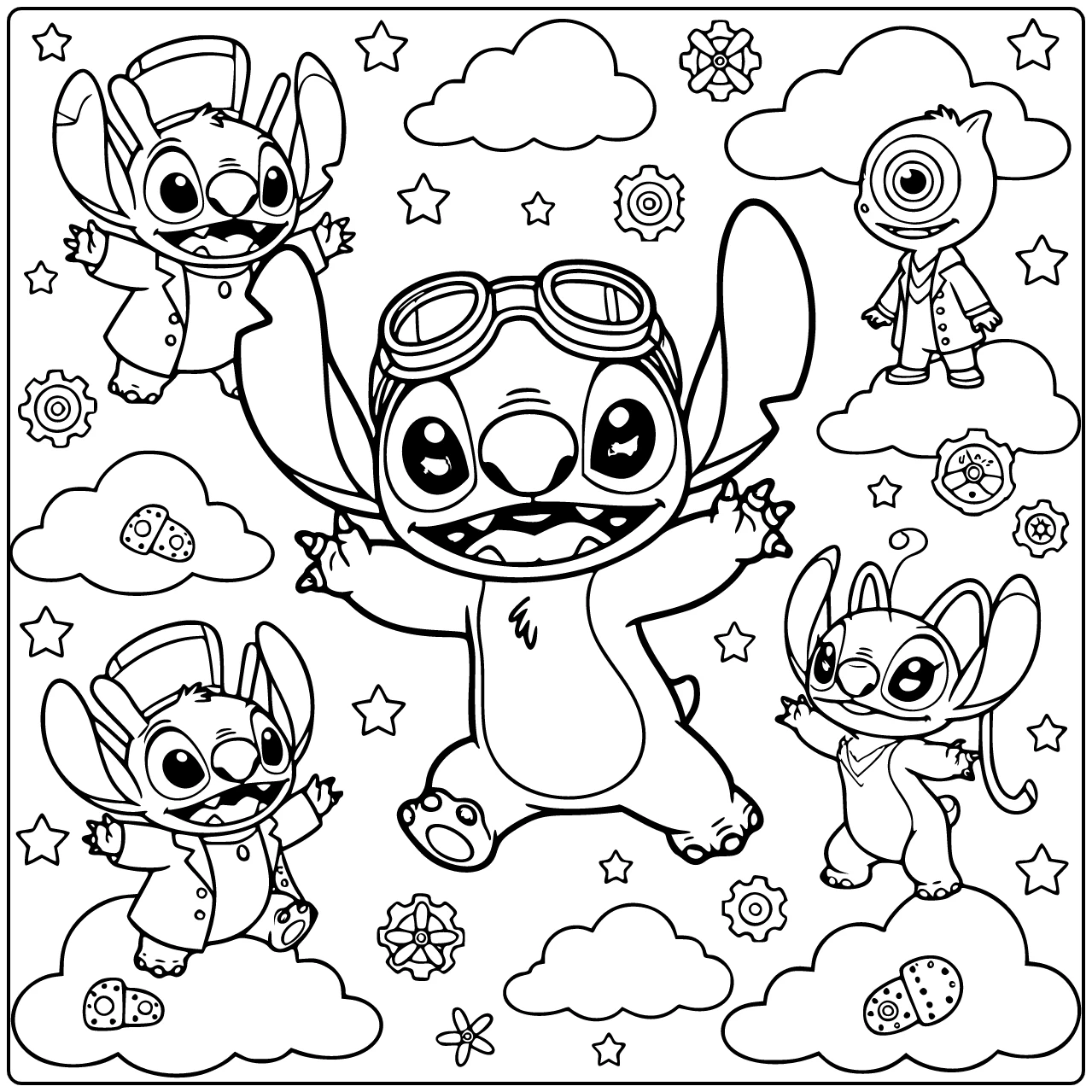 kleurplaat stitch moeilijk met aviatorbril centraal