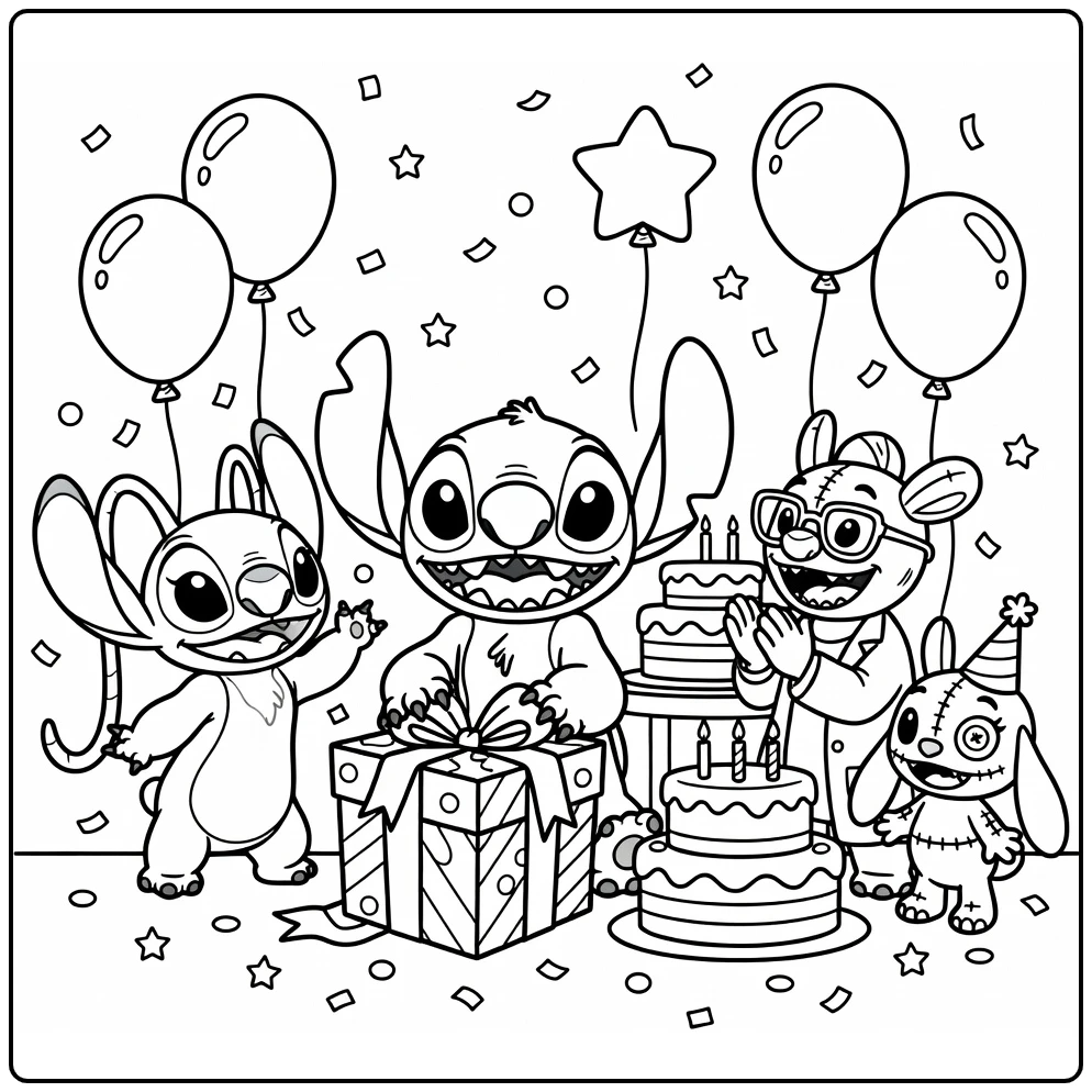 kleurplaat stitch verjaardag: Stitch opent cadeau met Angel