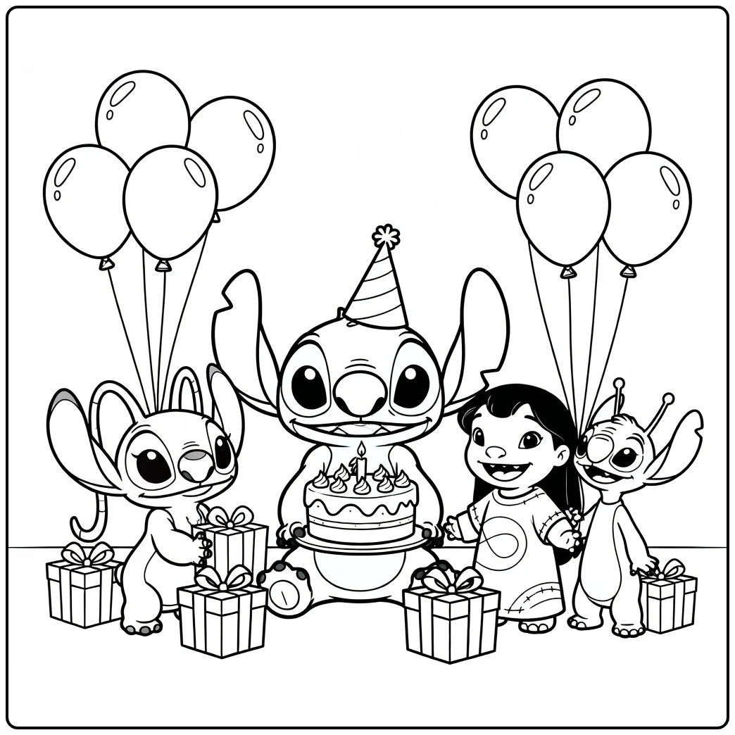 kleurplaat stitch verjaardag met taart feestmuts ballonnen
