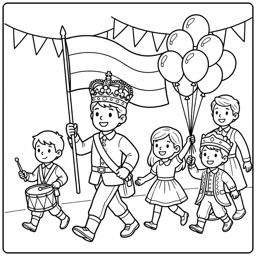 Koningsdag Kleurplaat kinderparade met marsfiguur