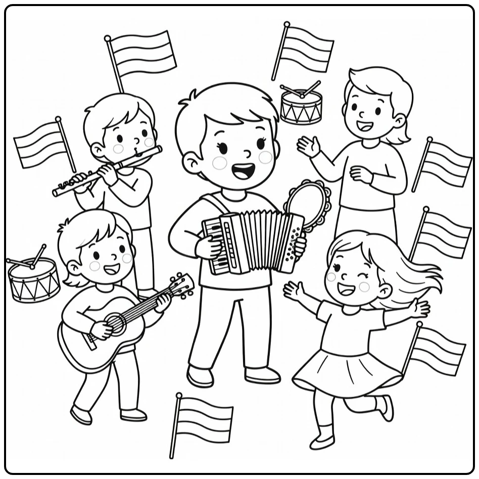 Koningsdag Kleurplaat feestelijk muziekoptreden kinderzanger
