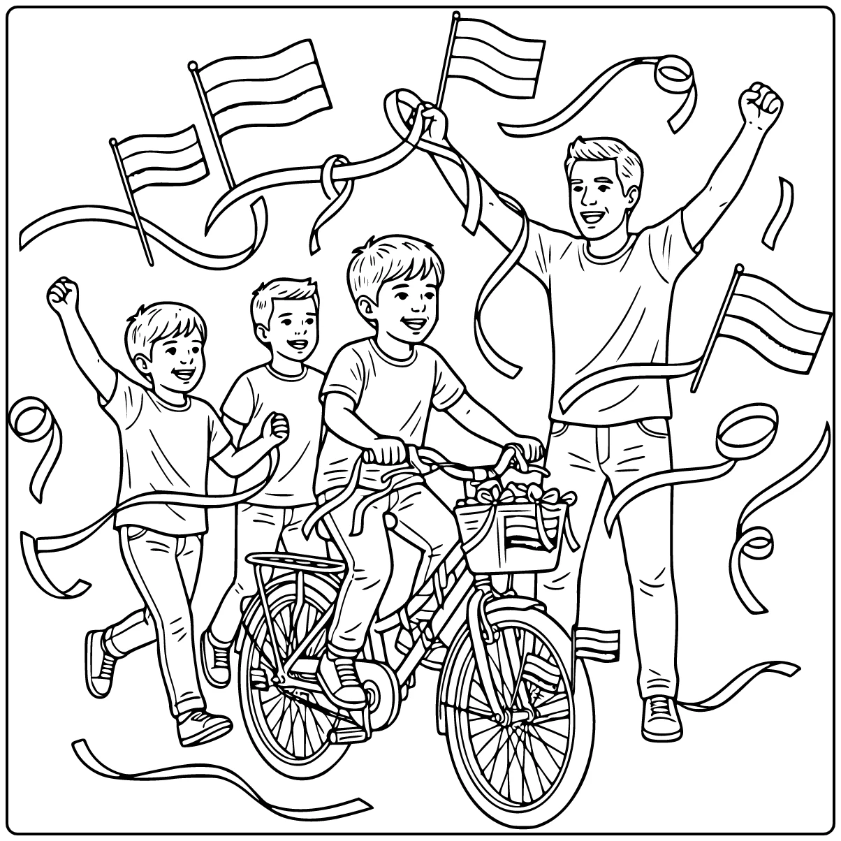 Koningsdag Kleurplaat: kind op versierde fiets centrum