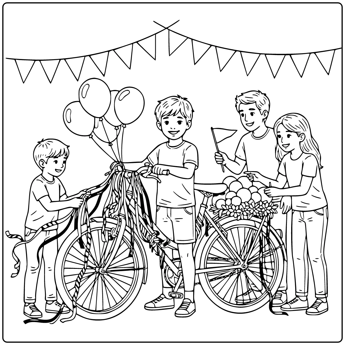 Koningsdag Kleurplaat: feestelijke fietsversiering met kind