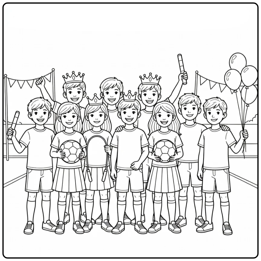 Koningsspelen Kleurplaat: kinderen met kronen, voetbal, touw