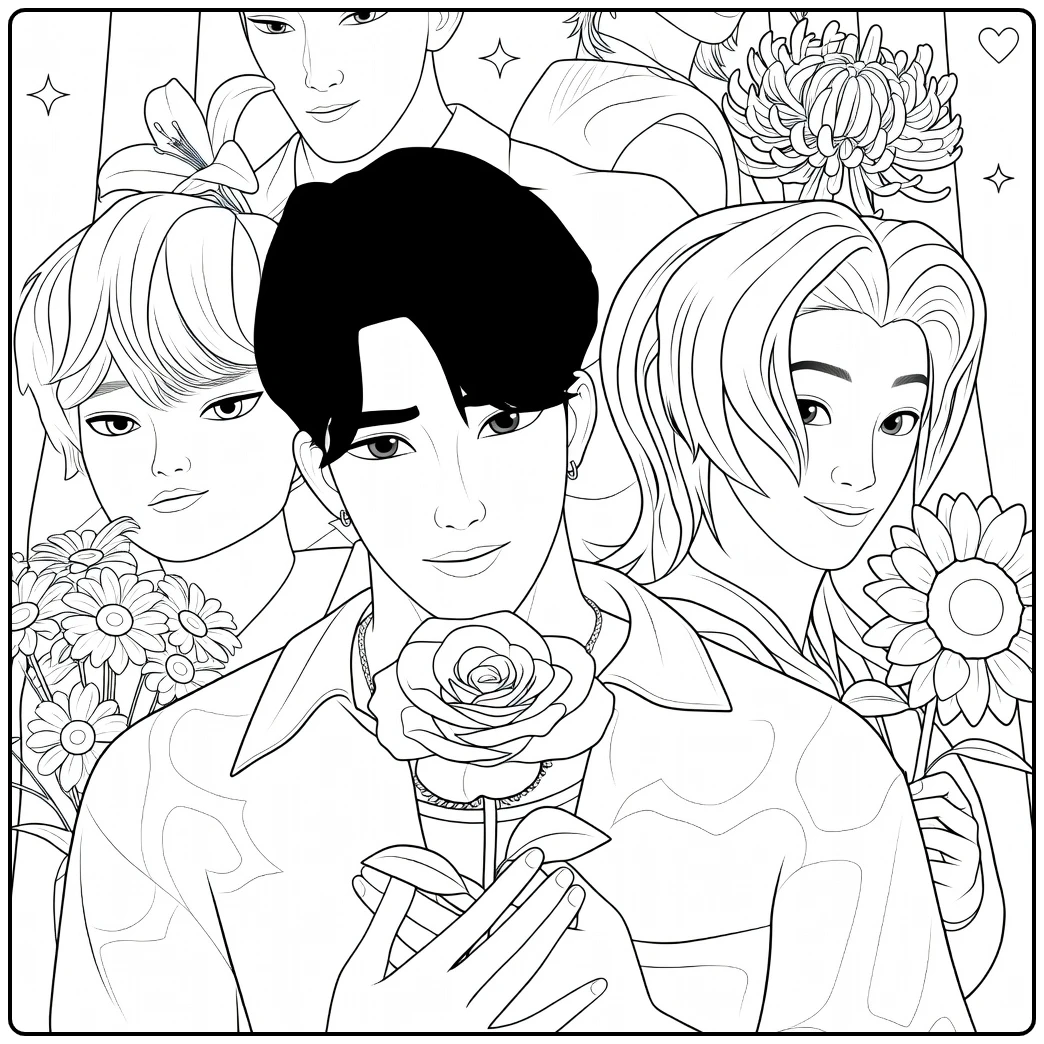 kpop demon hunters kleurplaat saja boys met bloemen