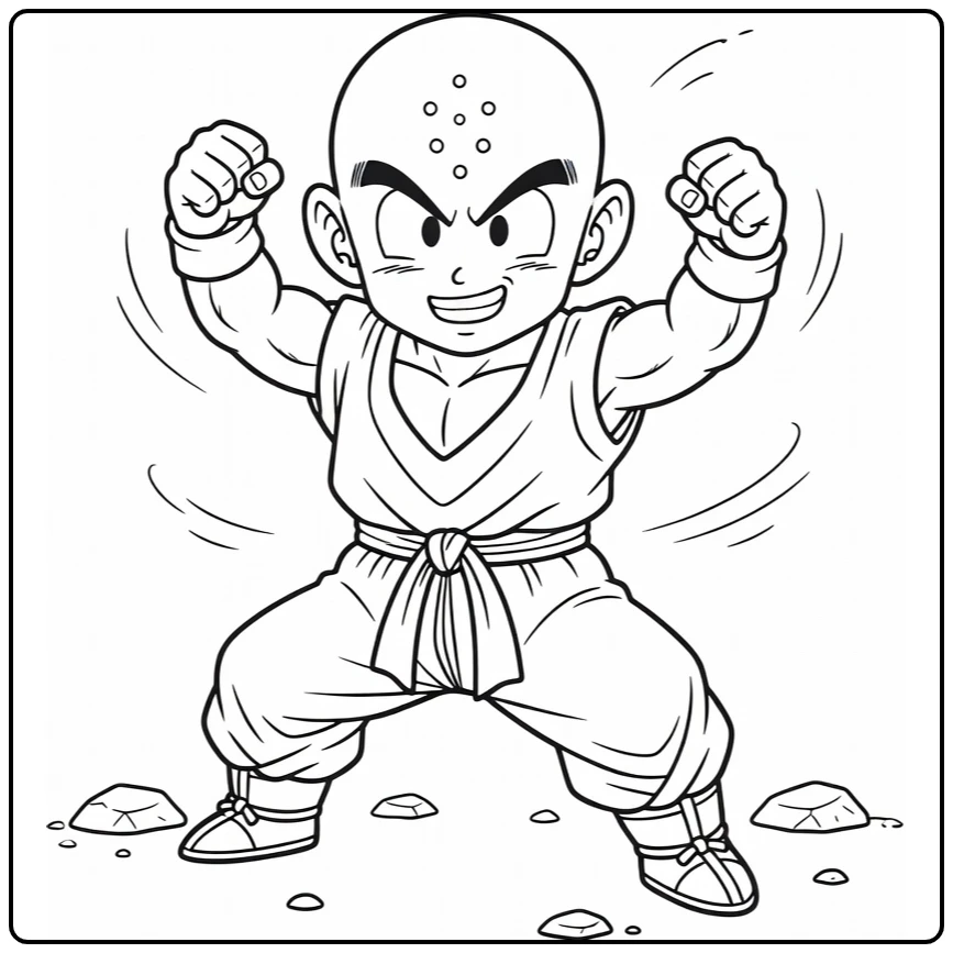Krillin Kleurplaat: vrolijke vechtpose vuisten omhoog
